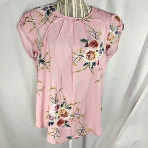 Designer Pink Floral Petal Sleeves Pleated Front Neckline Button Neck Top XLarge